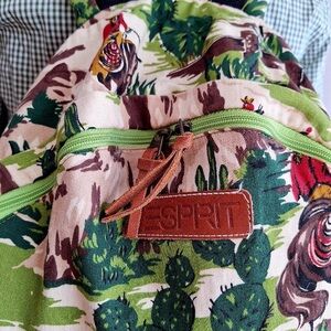 Vintage Esprit Western Rodeo Cactus Print Canvas Backpack with Brown Leather